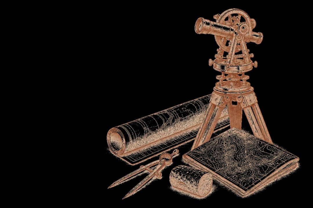 An engraved surveyor's theodolite beside a rolled plat map, dividers, and a limestone core sample.