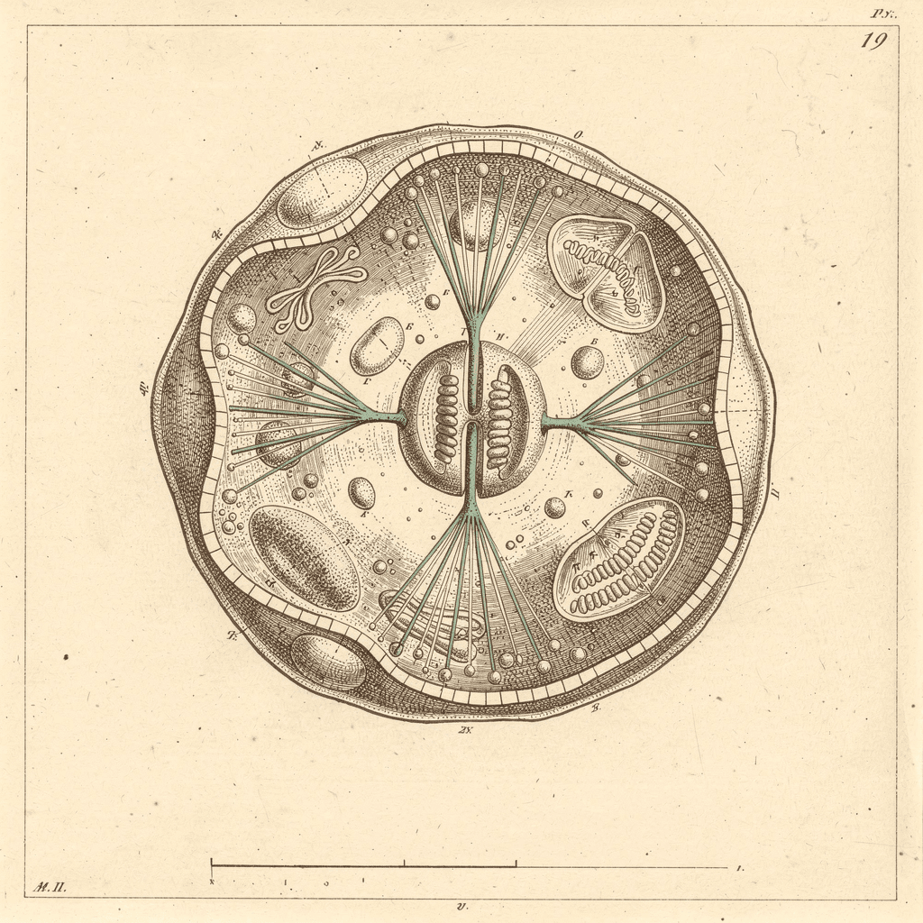 Engraved monograph plate of a eukaryotic cell shown mid-mitosis.