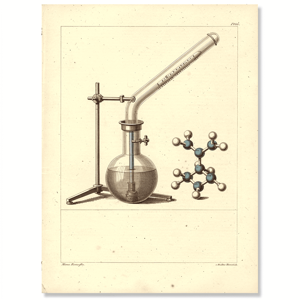 Engraved monograph plate of a distillation apparatus beside a ball-and-stick molecule.
